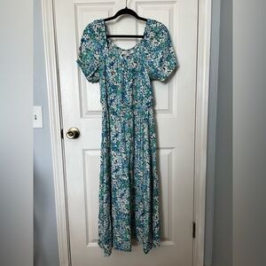 LOFT Floral Tiered Maxi Puff Sleeve Dress in Blue and Green